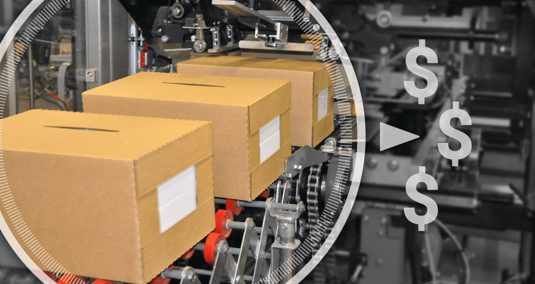 Cases on conveyor with dollar signs