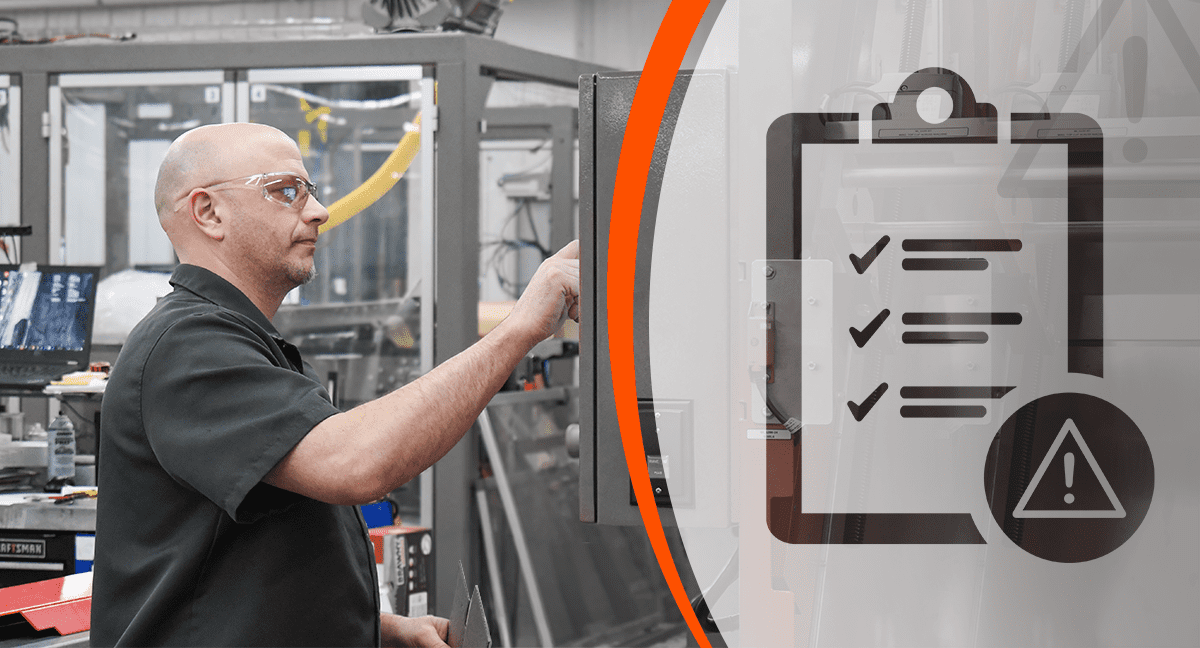 Operator working on a machine's HMI, with a large checklist icon overlay