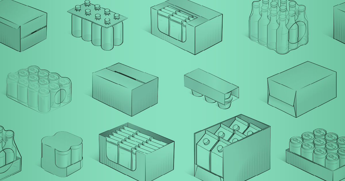 Illustration of various secondary packaging formats, including bags in display trays, shrink wrapped bottles, and beverage cans in paperboard sleeves
