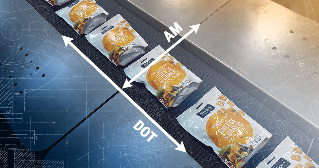 Bags of croutons on conveyor, arrow pointing down conveyor labeled DOT and arrow pointing across conveyor labeled AM