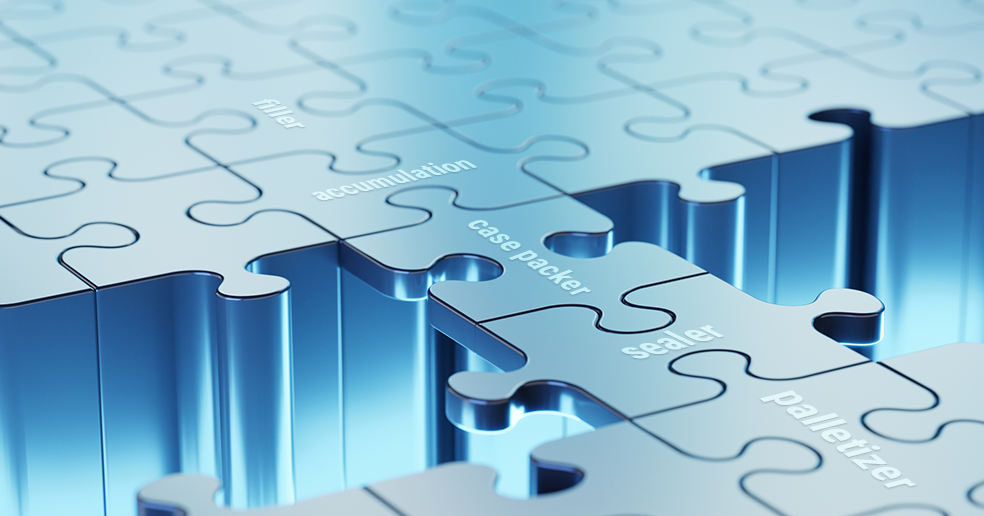 Puzzle pieces linking together the words filler, accumulation, case packer, sealer, and palletizer