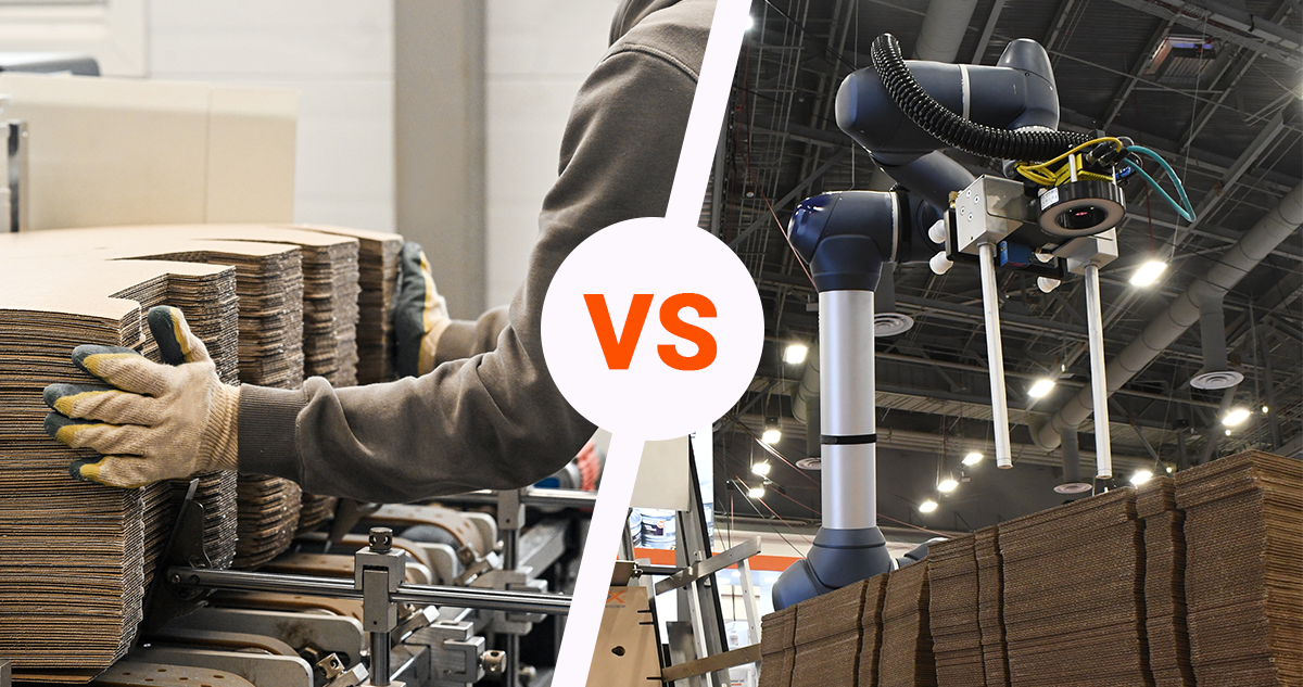 A side-by-side visual of hands loading corrugate into a magazine versus a robot near a corrugate stack