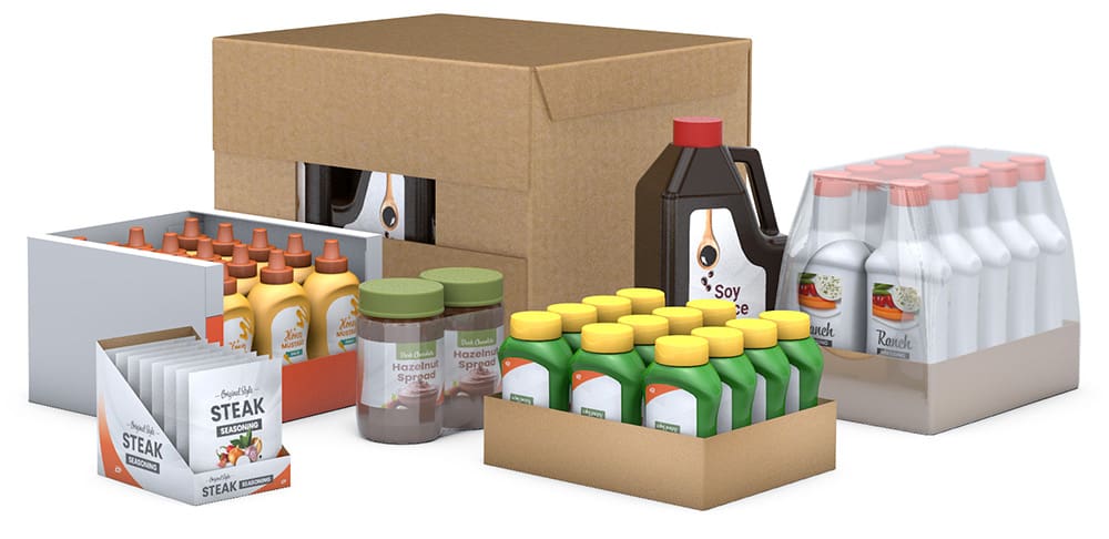Group of condiment and sauce packages, including cases, trays and shrink wrap