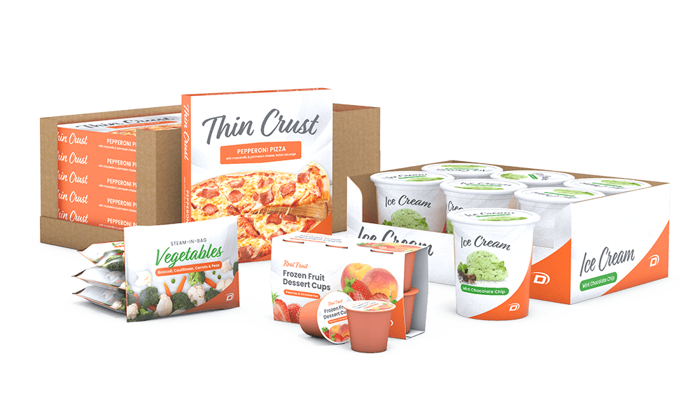 Frozen pizza boxes, frozen vegetable pillow bags, frozen dessert cups and tubs of ice cream packed into various trays, cases and sleeves