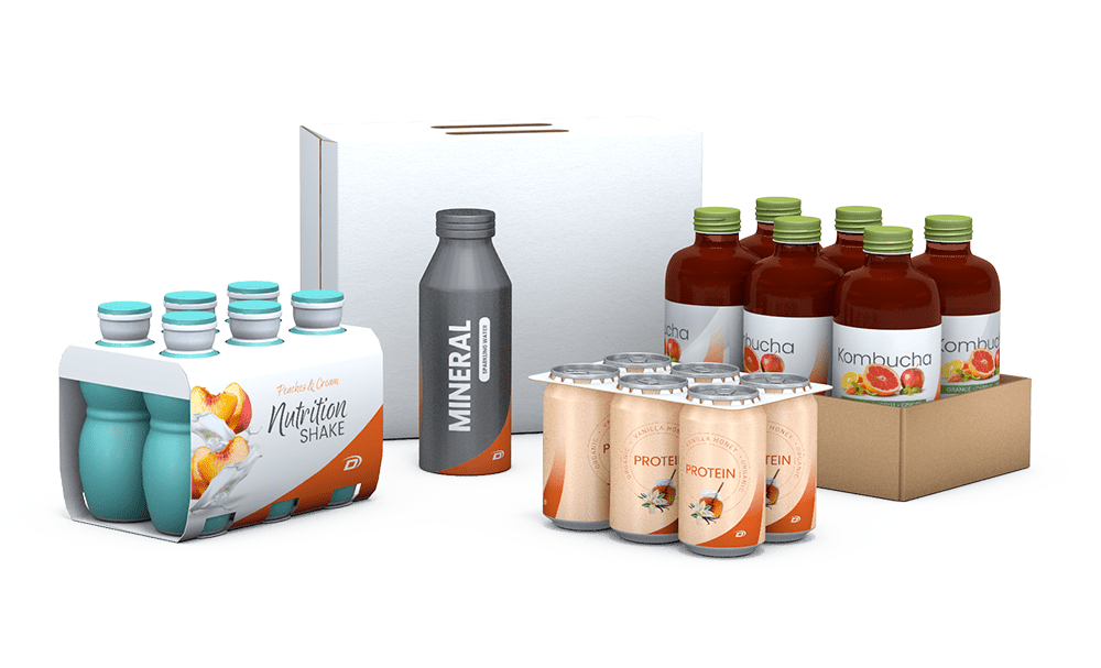 Bottled shakes, canned protein drinks, bottled mineral water and bottled kombucha packed into various cartons, sleeves, tray and clips