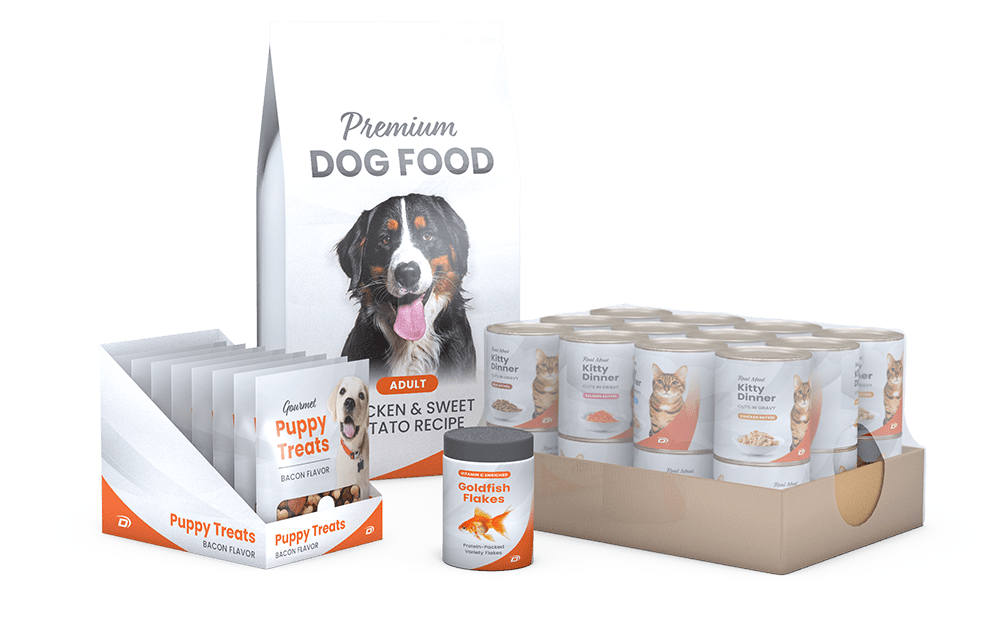 Various bags, pouches and cans of pet food for dogs, cats and fish packed into trays, cases and shrink wrap