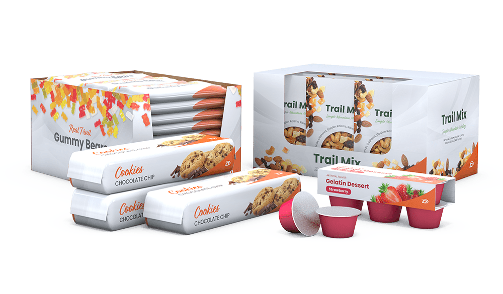 Group arrangement of snack products and secondary packaging, including gelatin, trail mix, cookies and gummy bears | Snacks Packaging