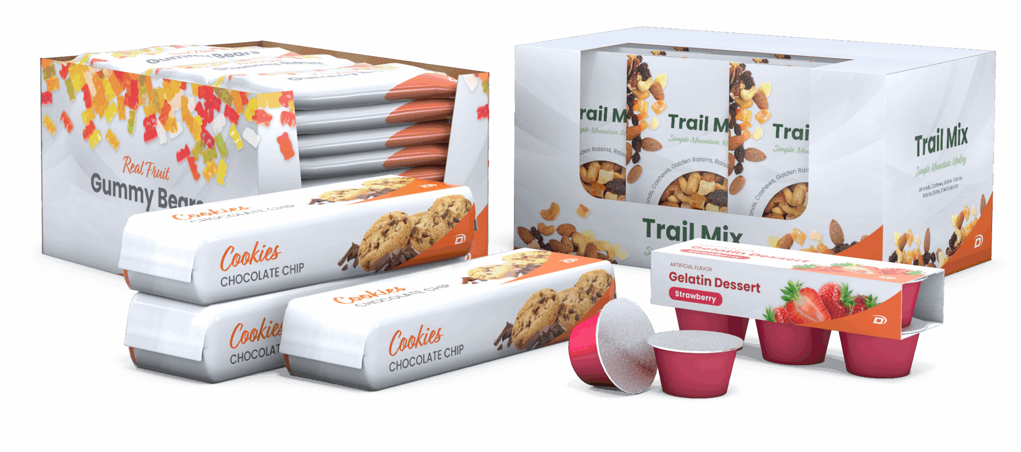 Group arrangement of snack products and secondary packaging, including gelatin, trail mix, cookies and gummy bears