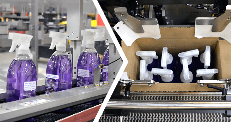Spray bottles upright on conveyor and spray bottles upright inside case
