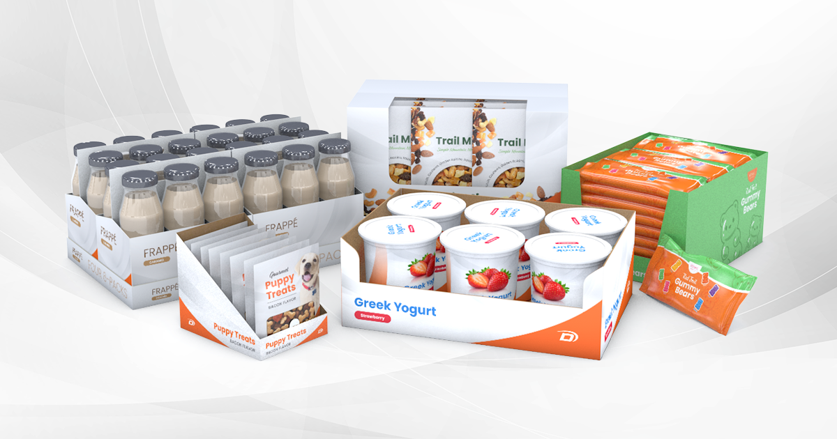 Beverage bottles, snack pouches, yogurt tubs, and candy bags in retail-ready packaging