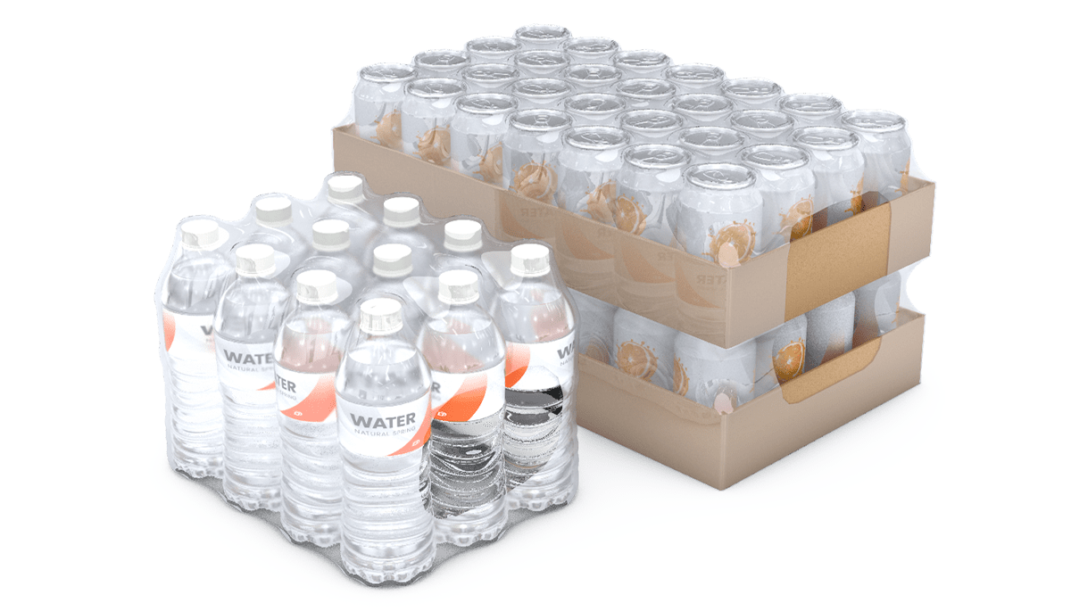Products packaged in trays and bundled in shrink wrapped packages