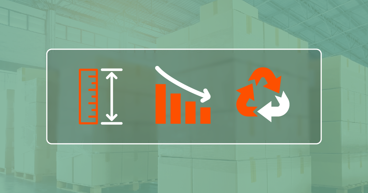 Icons indicating the three sustainability drivers: right-sizing, material reduction, and recyclable and fiber formats